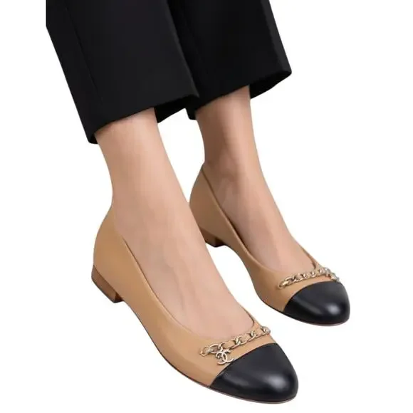 Chanel Interlocking CC Logo Chain Cap Toe Lambskin Ballerina Flat - Picture 2 of 16